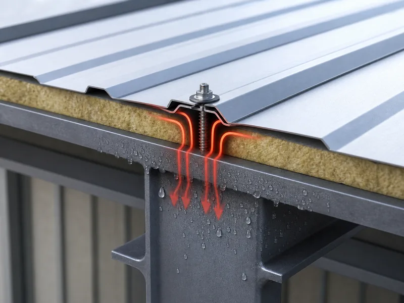 Heat and condensation forming where a metal panel meets a cold steel purlin
