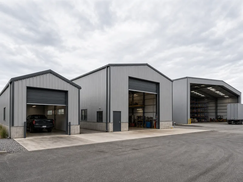 Different types of metal buildings matched to uses, including a metal garage, a workshop, and a clear-span warehouse