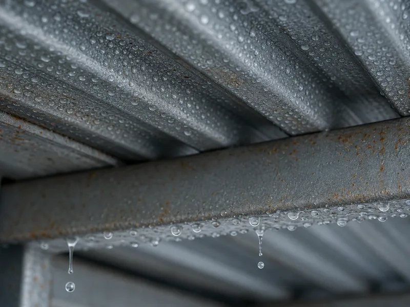 Condensation droplets forming on the underside of a bare steel roof panel
