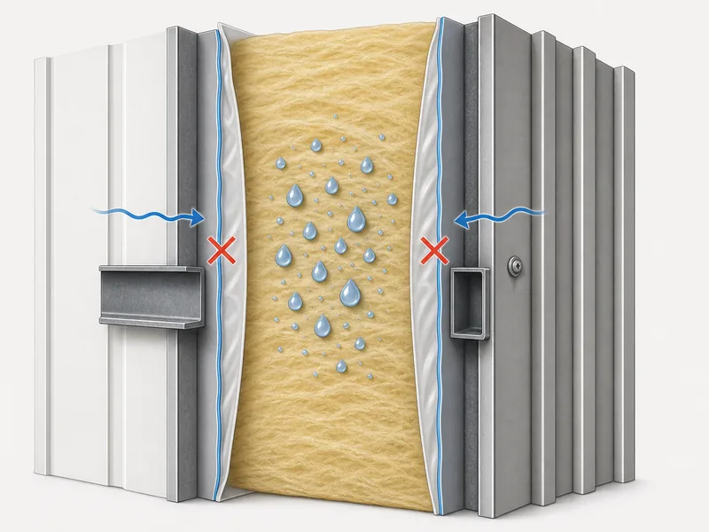 Diagram of insulation trapped between two vapor barriers with moisture caught inside