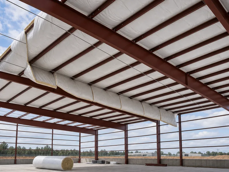 Faced fiberglass blanket insulation draped over steel purlins during building erection