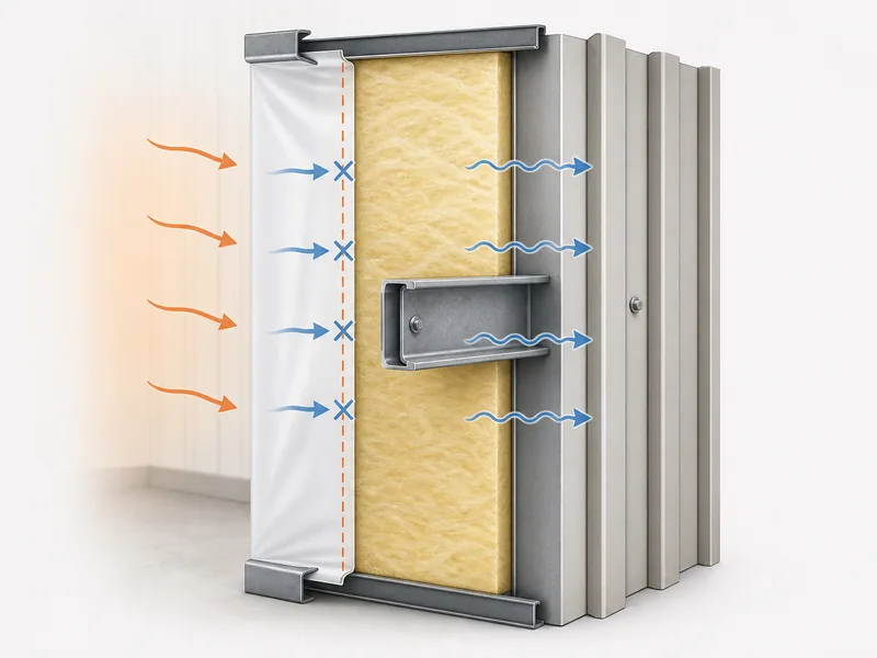 Cross-section of a vapor retarder on the warm side of wall insulation