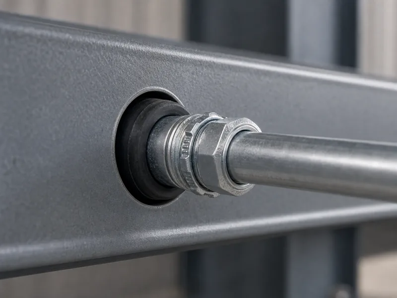 Grommet protecting wiring where conduit passes through a steel girt