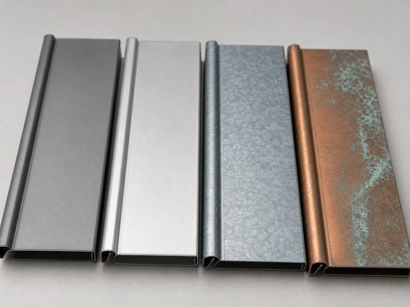 Steel, zinc, and copper cladding panels showing different finishes and patina