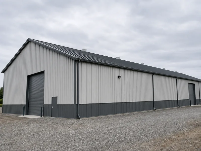 Metal-clad warehouse wall and roof on a pre-engineered steel building