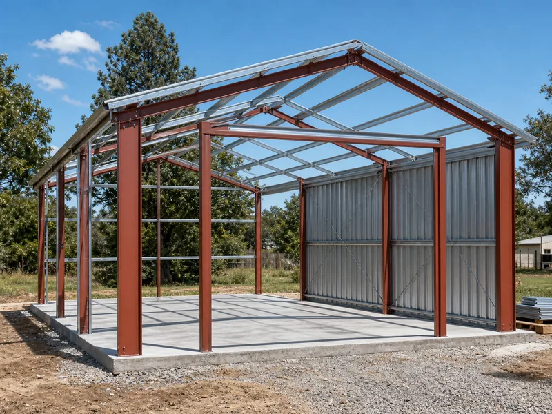 Bare steel garage frame on a slab during erection