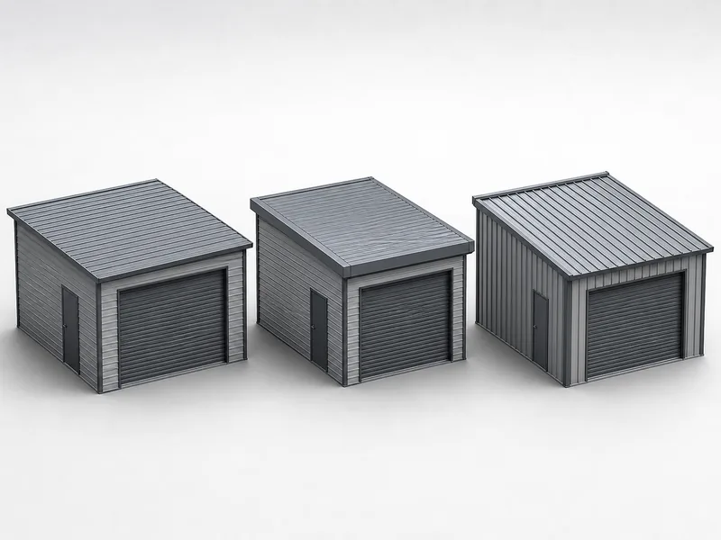 Regular, boxed-eave, and vertical metal garage roof profiles