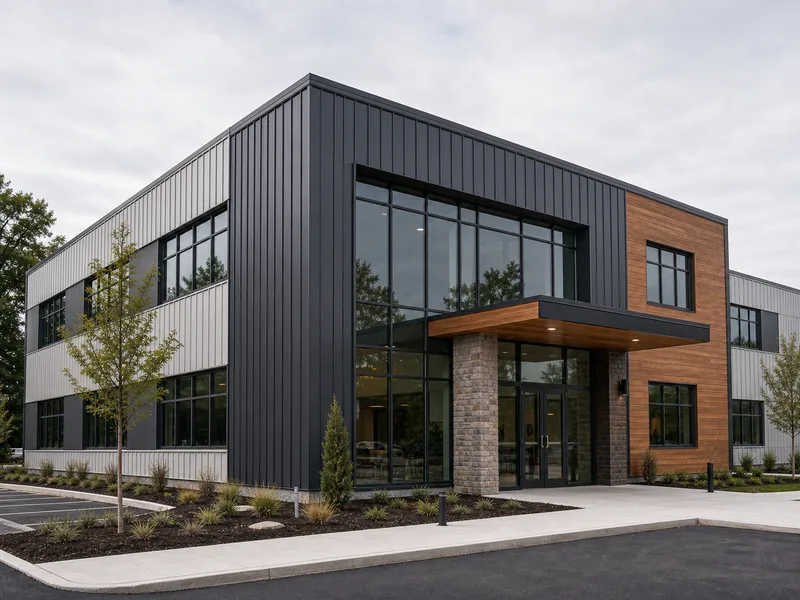 Home 58 Two-story metal office building with a mixed metal panel and glass facade