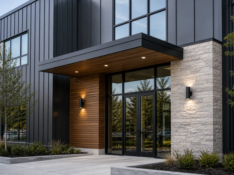 Office entry facade mixing metal panel, wood, and stone with a canopy