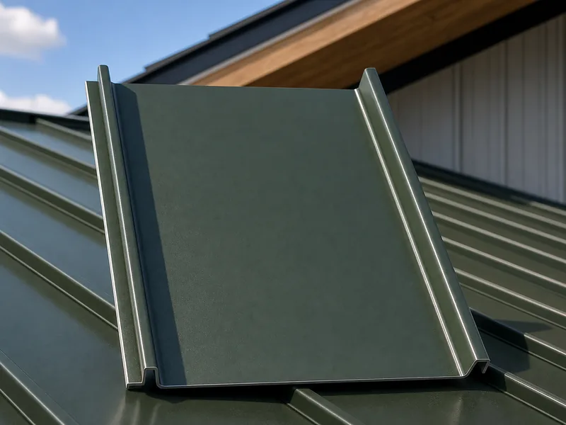 Full-size painted metal roof panel sample on a sunlit roof slope