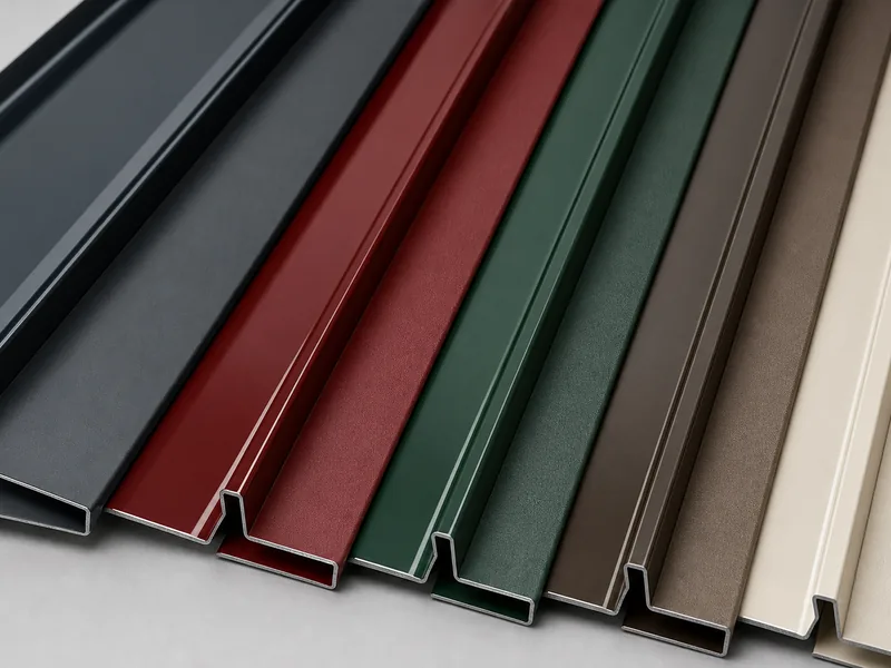 Coil-coated metal roof panels in several colors showing gloss and matte finishes