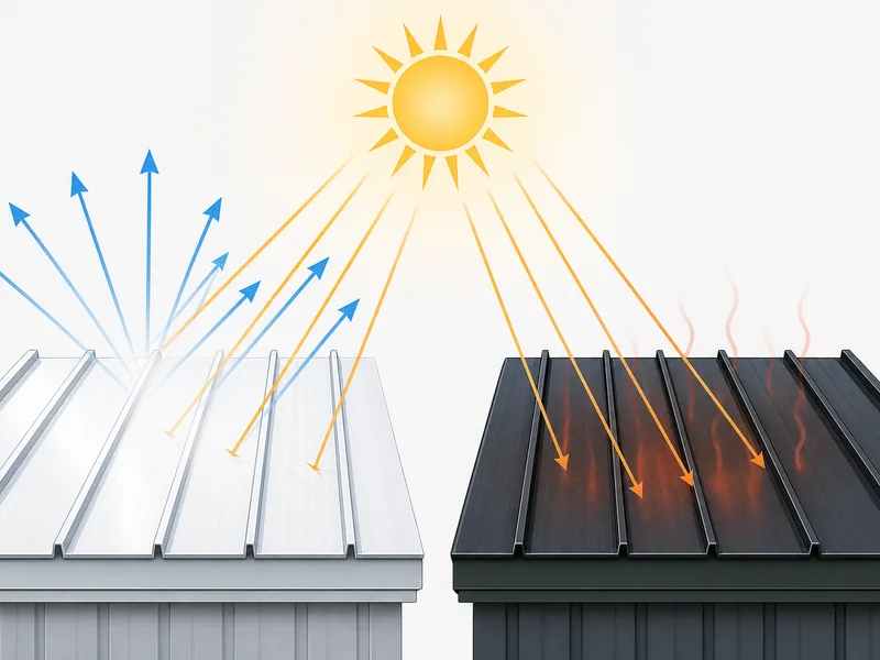 Light and dark metal roof panels under sun illustrating solar reflectance