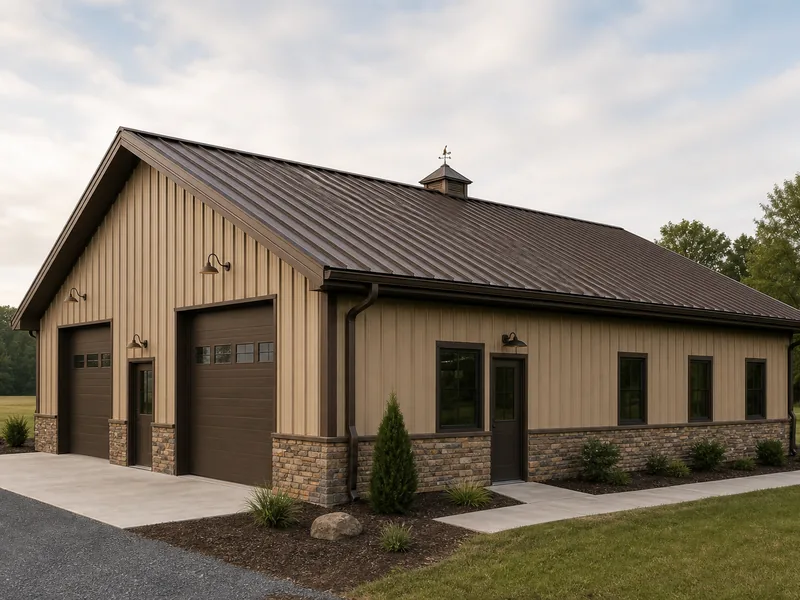 Steel building roof, walls, and trim in one coordinated color palette