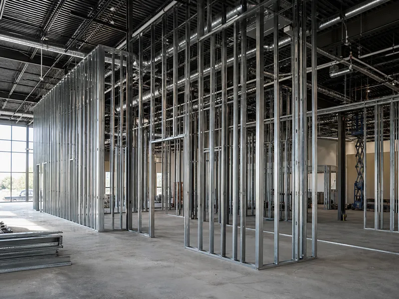 Tall commercial interior buildout framed with steel studs