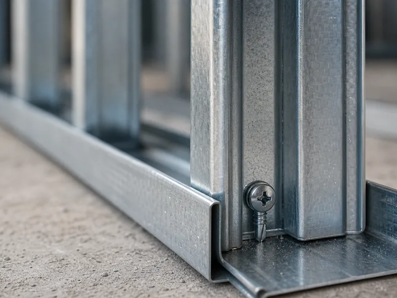 Close-up of a steel stud screwed into floor track