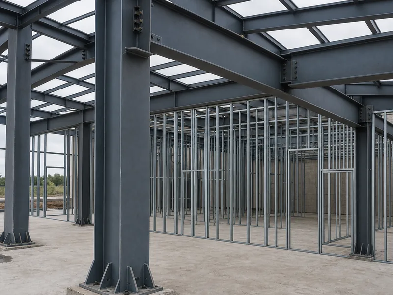 Structural steel building frame of H-beams and columns beside interior stud