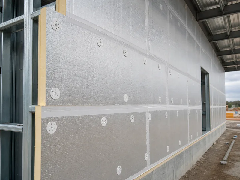 Rigid foam board mounted outboard of cold-formed steel studs