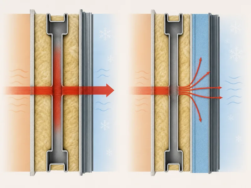 Heat path bridging a steel stud versus an exterior continuous layer