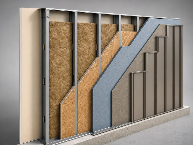 Steel stud wall cross-section with cavity batt and exterior insulation