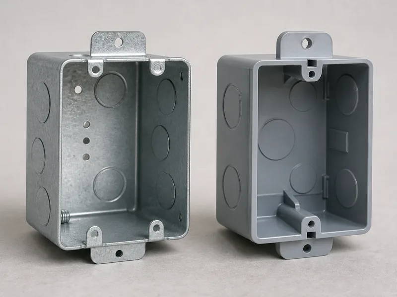 Metal and nonmetallic electrical boxes side by side showing material and grounding