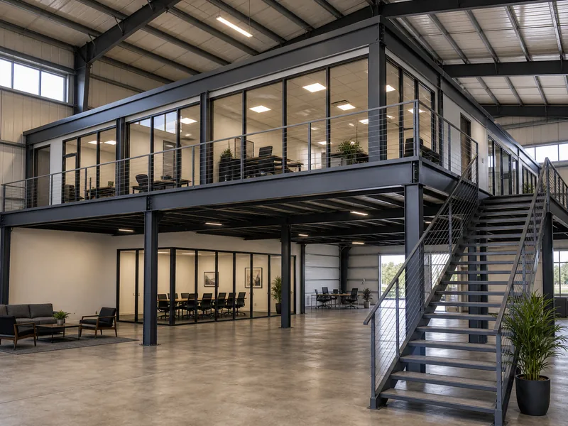 Steel mezzanine adding a second floor of offices in a metal building