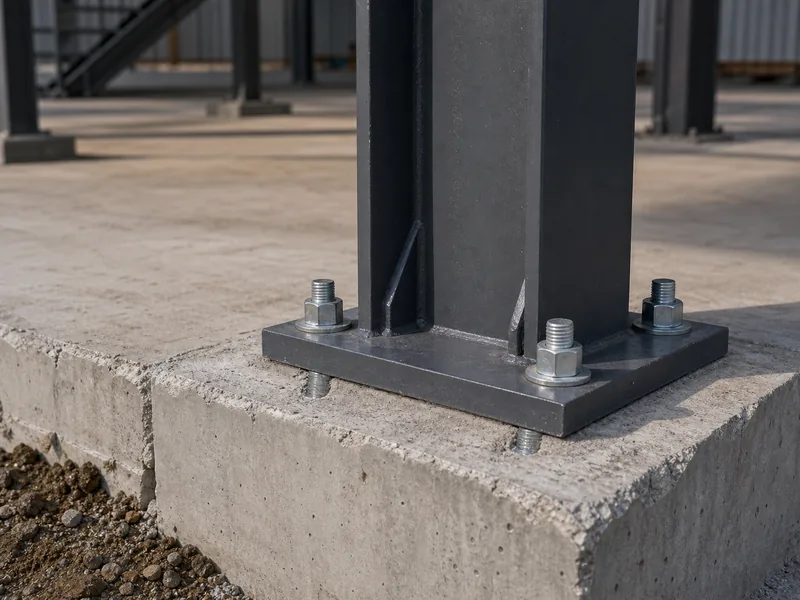 Steel mezzanine column meeting a thickened slab footing under a point load