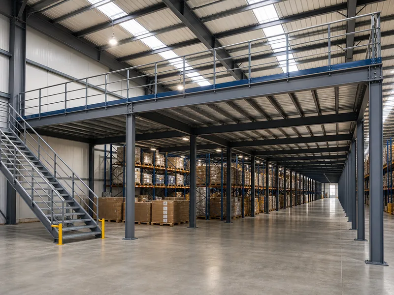 Home 57 Freestanding steel mezzanine platform spanning a warehouse aisle on its own columns