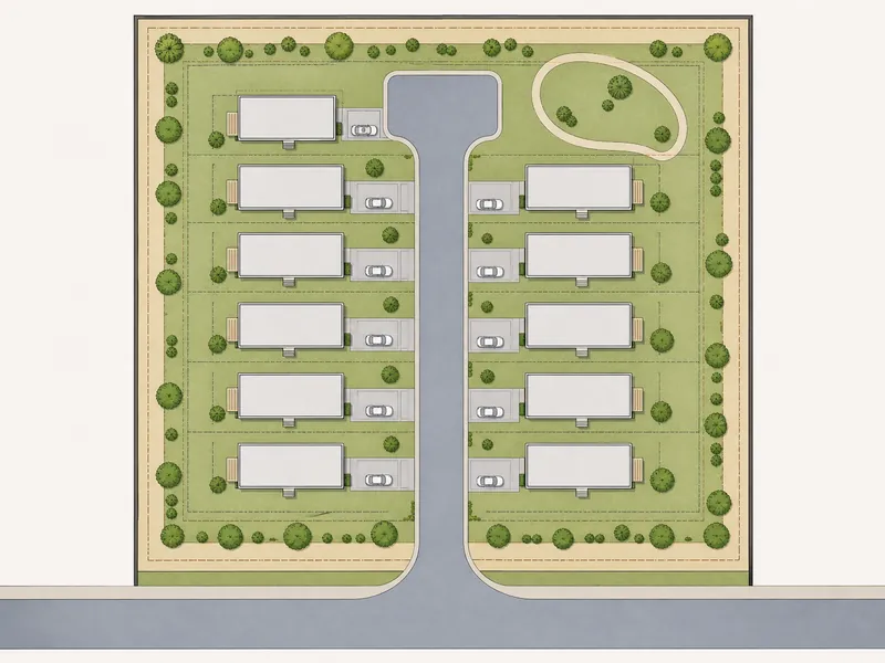 Plano de sitio que muestra cómo las vías y los retiros reducen el área edificable de una parcela