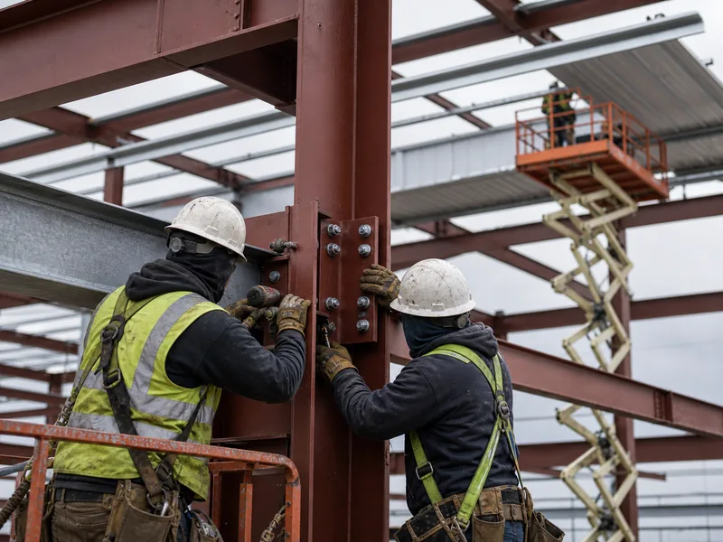 Workers bolting rigid steel frames and purlins during modular warehouse assembly