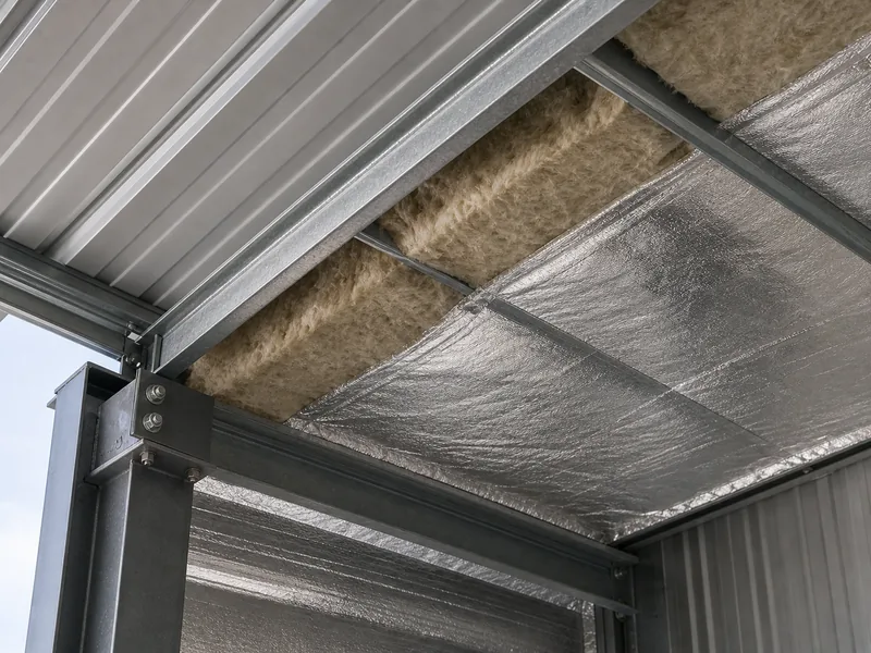 Vapor barrier and insulation under the steel roof of a modular warehouse