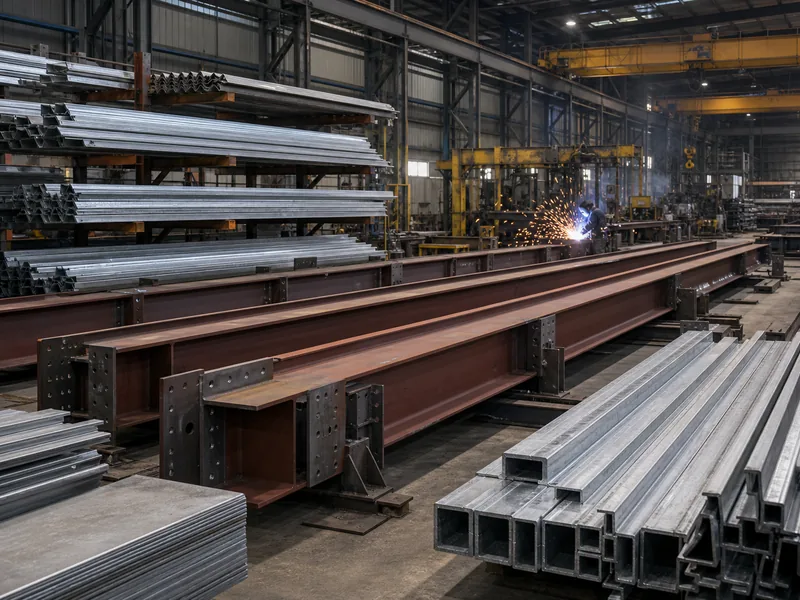 Steel H-beams and purlins on a fabrication line for modular warehouses