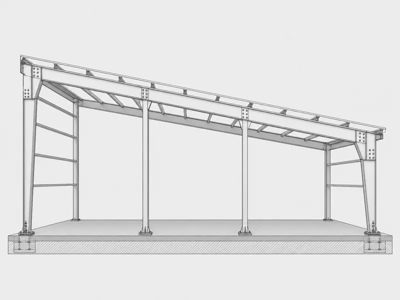 Multi span single slope roof frame with interior columns and sloping rafters