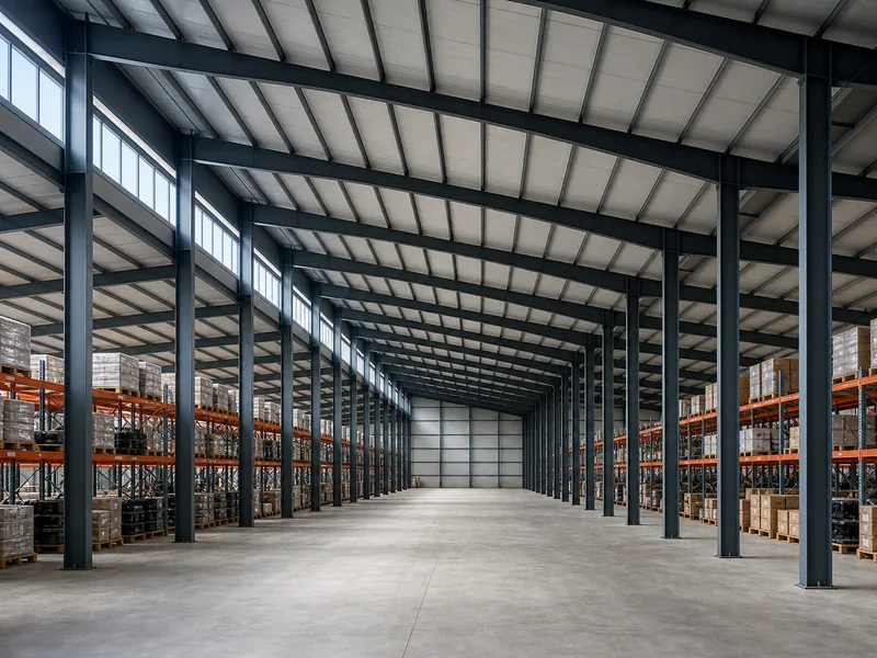 Interior column lines under a sloping roof in a wide warehouse