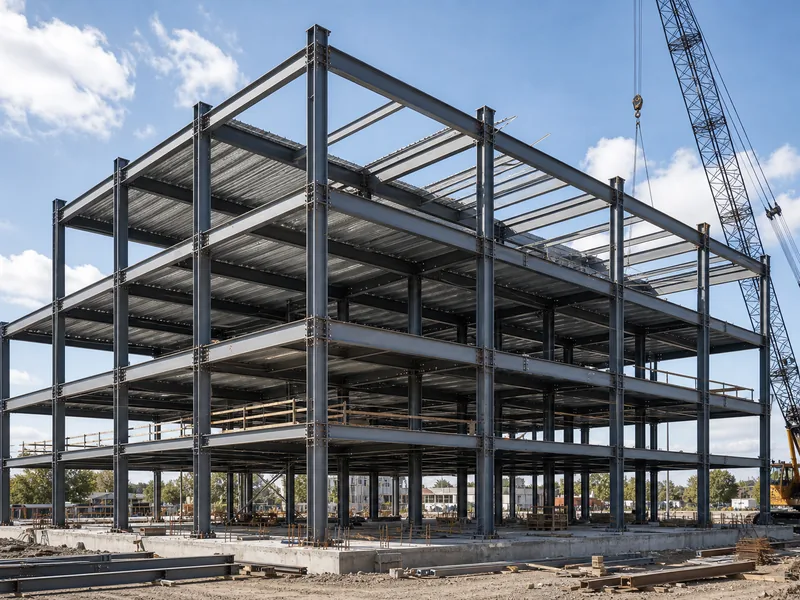 Multi-story steel office frame showing several floors under construction