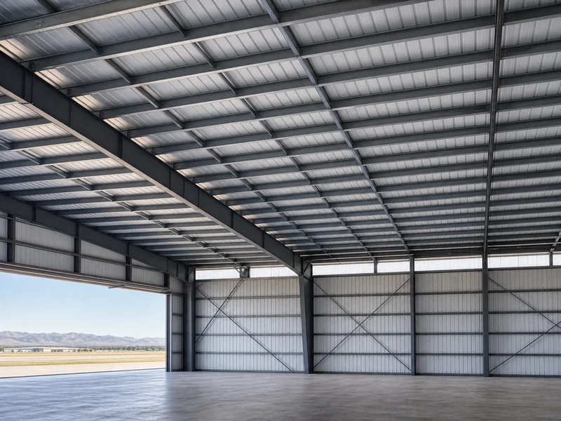 Non-combustible steel frame and purlins of an open airplane hangar interior