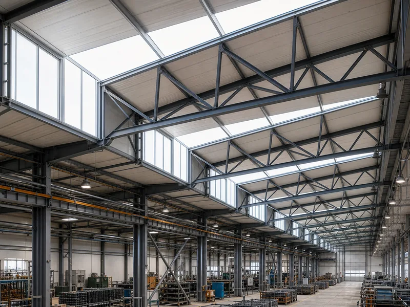North-light steel trusses glazed toward the north over a factory floor