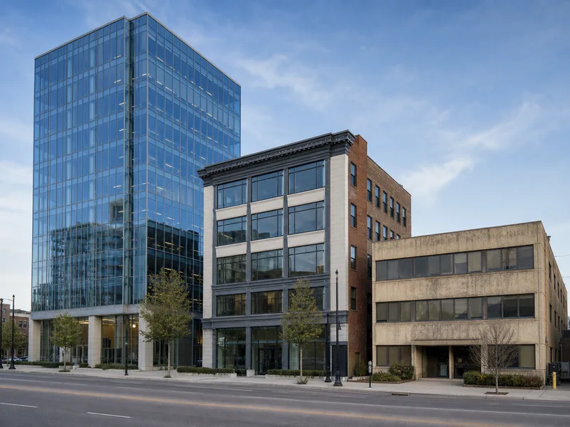 Three office buildings of descending size and quality along a city avenue