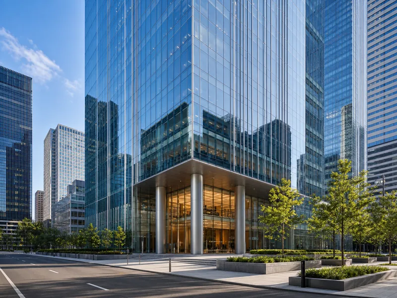 Glass high-rise office tower in a downtown core, a Class A office building