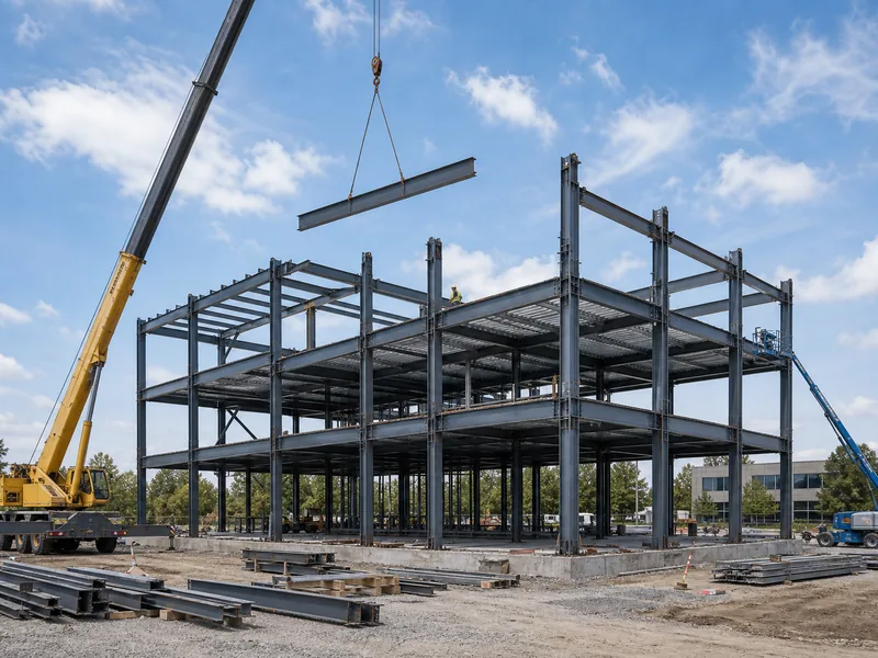 Steel office building frame being erected by a crane on an open site