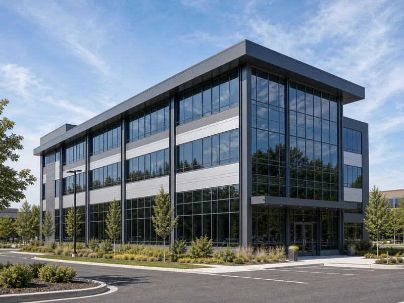 Steel-framed multi-story office building exterior under a clear sky