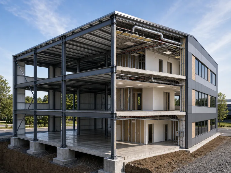 Corte transversal de una oficina que muestra la envolvente estructural separada del interior terminado