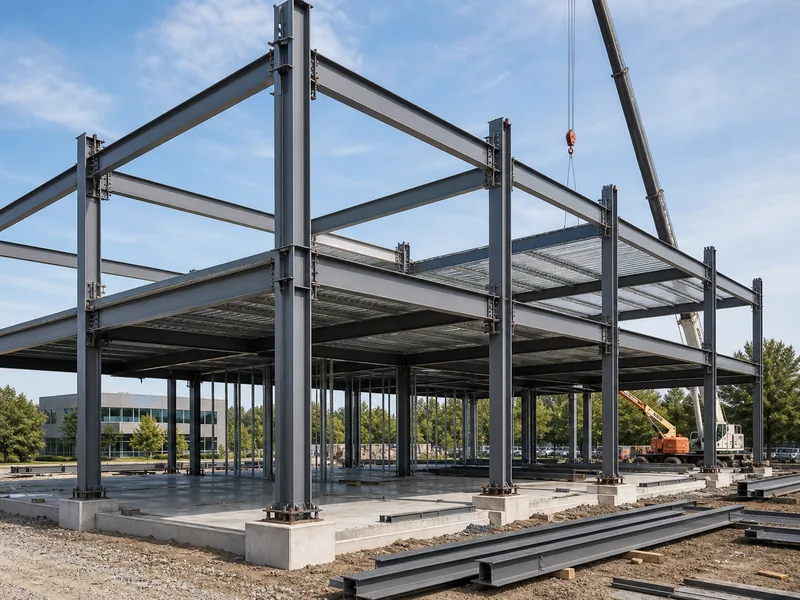 Armazón rígido de acero y columnas H-beam siendo erigidos para un edificio de oficinas