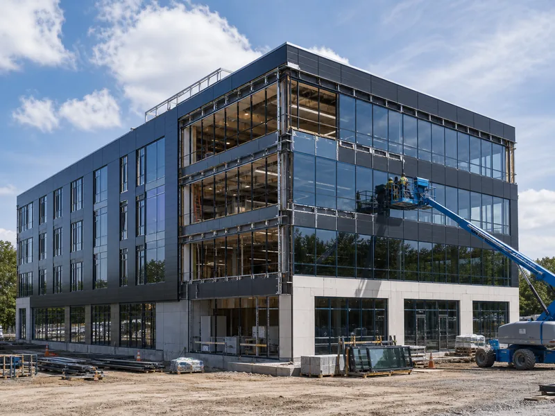 Near-complete office building with a glass curtain wall going up