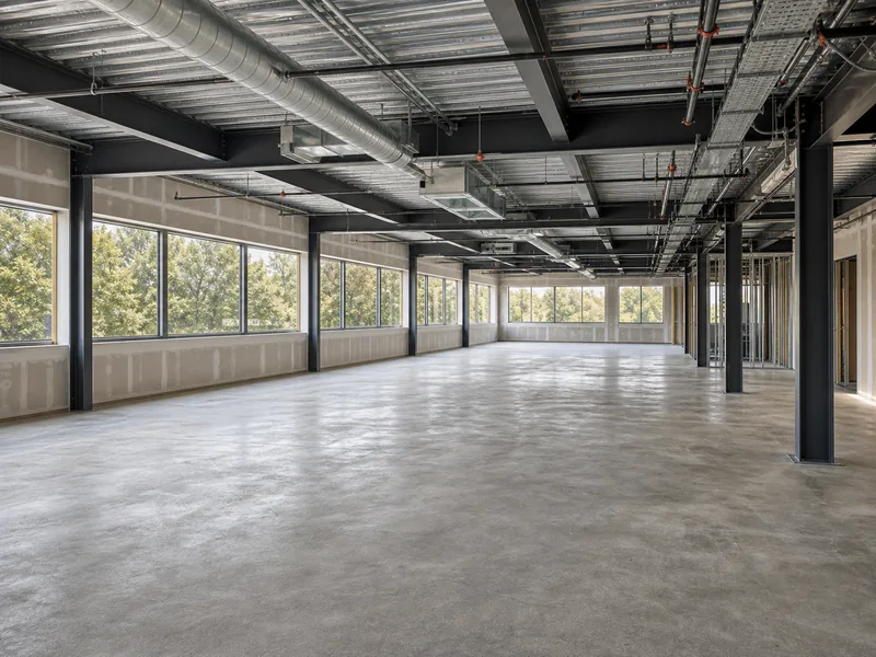 Open, column-free office interior ready for fit-out after a functional-life renovation