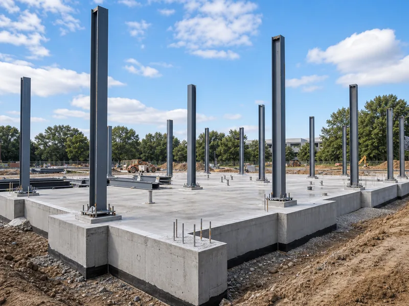 Poured concrete foundation with early steel columns rising on a cleared lot
