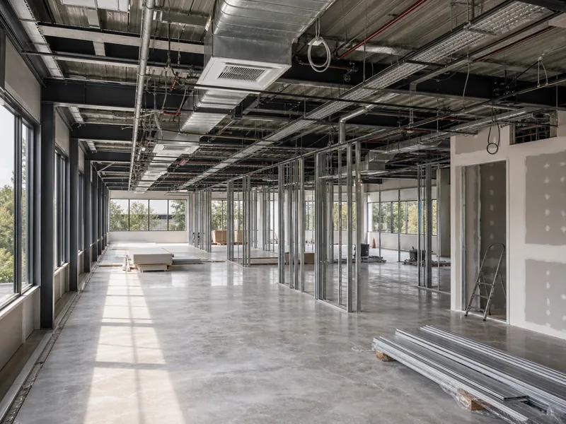 Aménagement intérieur de bureau à aire ouverte avec plafond technique apparent