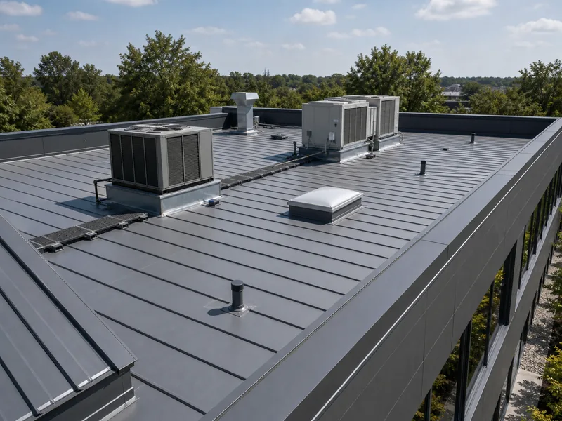 Standing seam metal roof and rooftop HVAC on a commercial office building