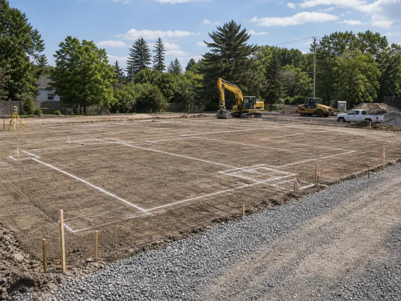 Terrain suburbain en pente préparé pour les fondations d’un nouveau bâtiment