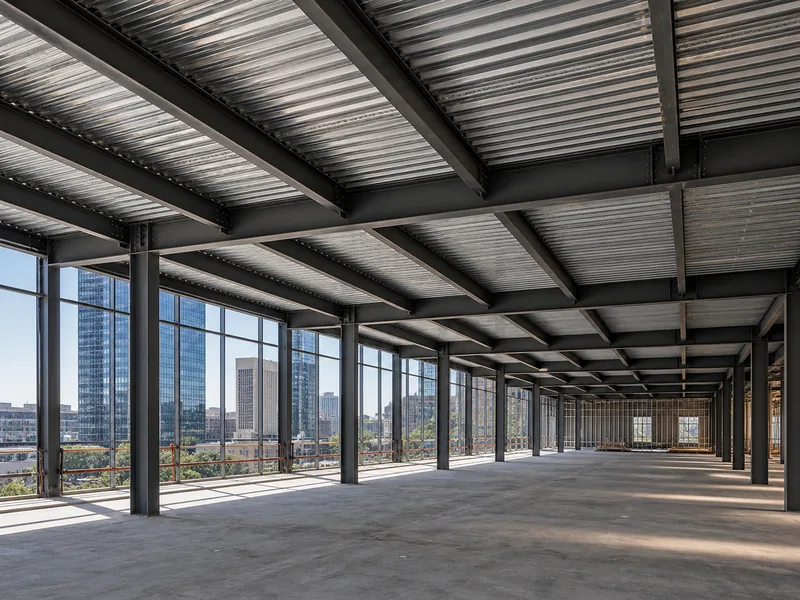 Steel frame of an office building showing long clear spans and a wide column grid