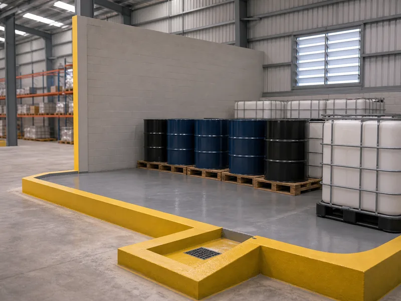 Contención secundaria con bermas bajo tambores de productos químicos inflamables en un almacén